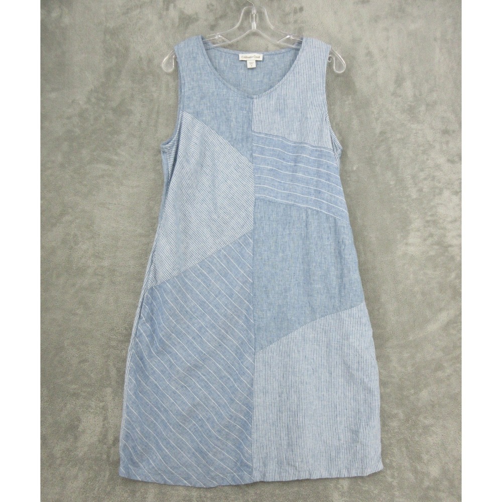 Coldwater Creek Dress Womens Size M Linen Patchwork Coastal Pockets Boxy Blue